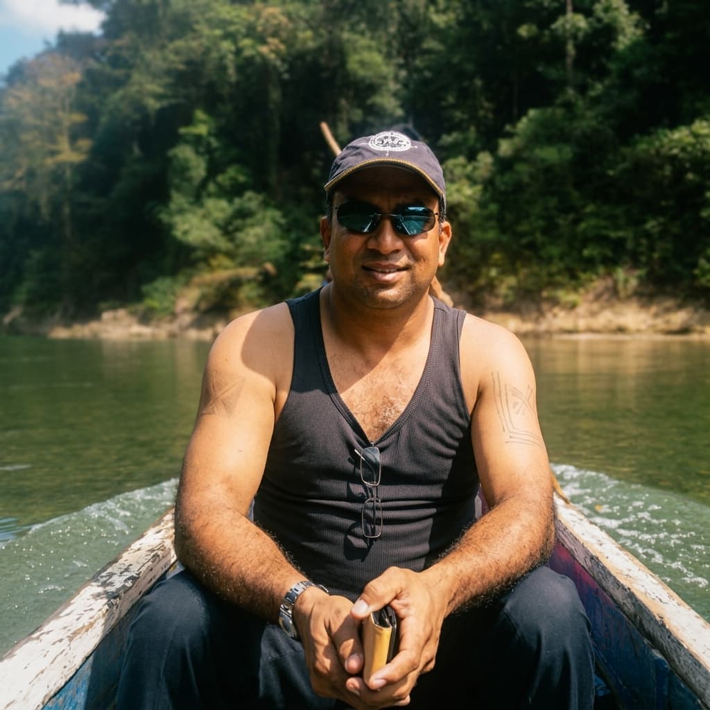 Benny sentado en un bote en el río