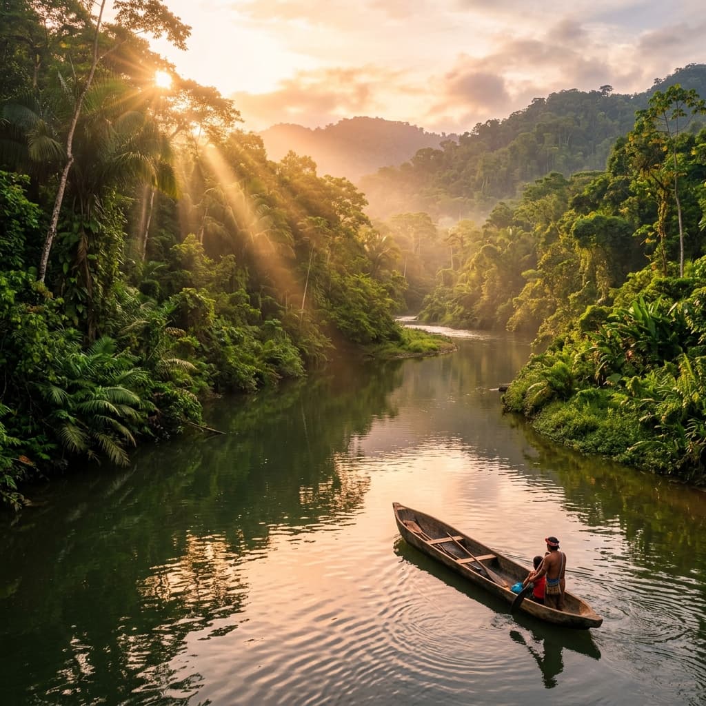 Piragua en un río rodeado de selva