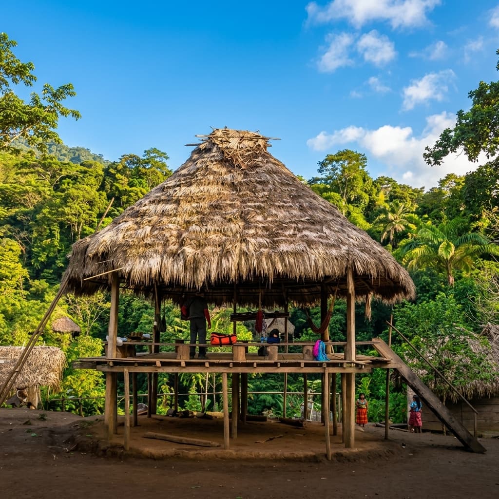 Construcción de techo de palma entre la selva